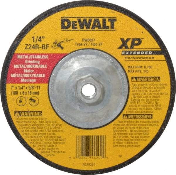 DeWALT - 24 Grit, 7" Wheel Diam, 1/4" Wheel Thickness, Type 27 Depressed Center Wheel - Zirconia Alumina, R Hardness, 8,700 Max RPM, Compatible with Angle Grinder - Americas Industrial Supply