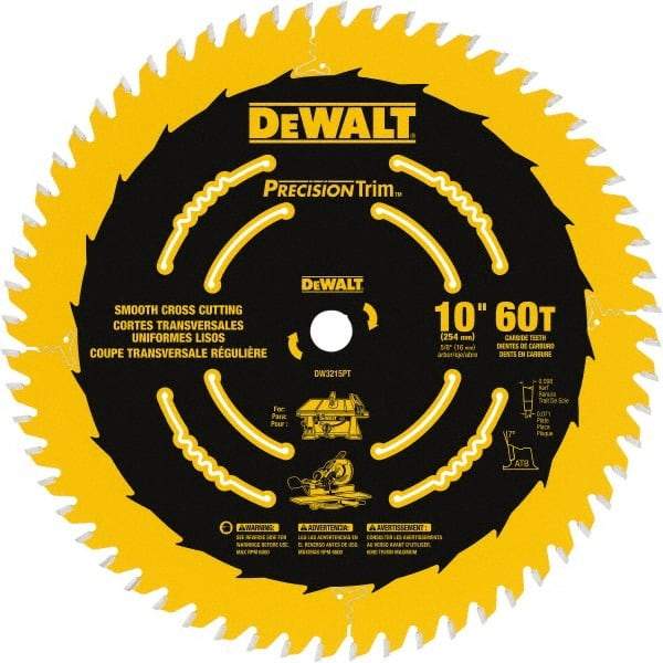 DeWALT - 10" Diam, 5/8" Arbor Hole Diam, 60 Tooth Wet & Dry Cut Saw Blade - Carbide-Tipped, Crosscut & Smooth Action, Standard Round Arbor - Americas Industrial Supply