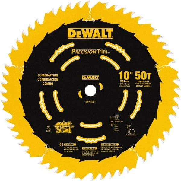 DeWALT - 10" Diam, 5/8" Arbor Hole Diam, 50 Tooth Wet & Dry Cut Saw Blade - Carbide-Tipped, Combination Action, Standard Round Arbor - Americas Industrial Supply