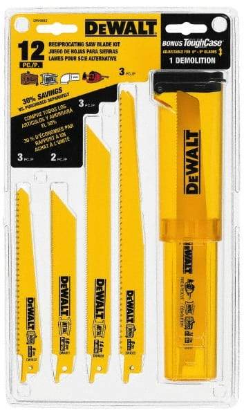 DeWALT - 12 Piece, 6" to 9" Long x 0.035" to 0.062" Thick, Bi-Metal Reciprocating Saw Blade Set - Straight and Tapered Profile, 6 to 24 Teeth per Inch, Angled Tip - Americas Industrial Supply