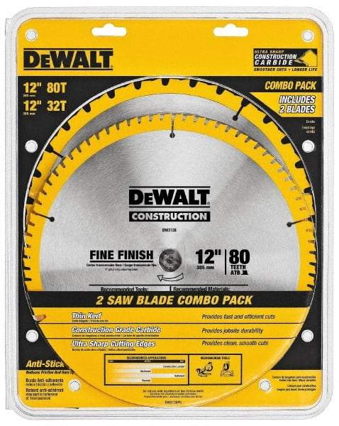 DeWALT - 12" Diam, 1" Arbor Hole Diam, 32 & 80 Tooth Wet & Dry Cut Saw Blade - Carbide-Tipped, Standard Round Arbor - Americas Industrial Supply