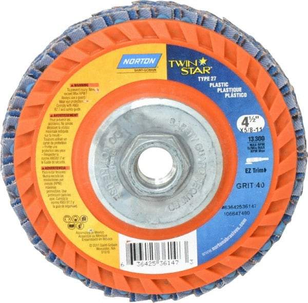Norton - 40 Grit, 4-1/2" Disc Diam, 5/8-11 Center Hole, Type 27 Ceramic Flap Disc - 13,000 Max RPM, Plastic Backing, Arbor Attaching System, Coated - Americas Industrial Supply