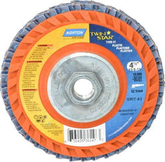 Norton - 40 Grit, 4-1/2" Disc Diam, 5/8-11 Center Hole, Type 27 Ceramic Flap Disc - 13,000 Max RPM, Plastic Backing, Arbor Attaching System, Coated - Americas Industrial Supply