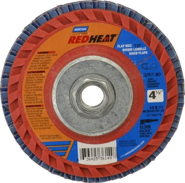 Norton - 80 Grit, 4-1/2" Disc Diam, 5/8-11 Center Hole, Type 27 Ceramic Flap Disc - 13,000 Max RPM, Plastic Backing, Arbor Attaching System, Coated - Americas Industrial Supply