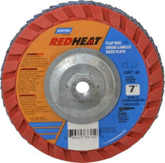 Norton - 40 Grit, 7" Disc Diam, 5/8-11 Center Hole, Type 27 Ceramic Flap Disc - 8,600 Max RPM, Plastic Backing, Arbor Attaching System, Coated - Americas Industrial Supply