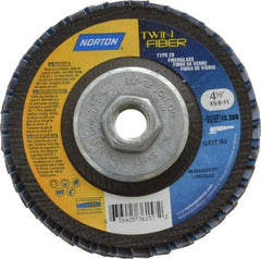 Norton - 60 Grit, 4-1/2" Disc Diam, 5/8-11 Center Hole, Type 29 Ceramic Flap Disc - 13,000 Max RPM, Fiberglass Backing, Arbor Attaching System, Coated - Americas Industrial Supply