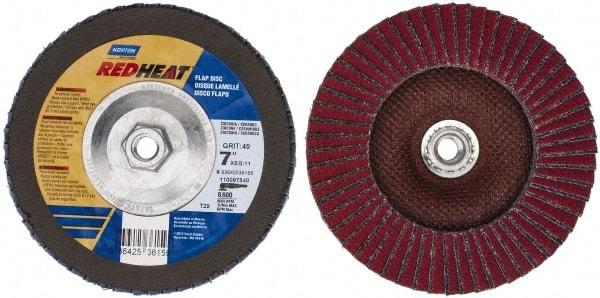 Norton - 40 Grit, 7" Disc Diam, 5/8-11 Center Hole, Type 29 Ceramic Flap Disc - 8,600 Max RPM, Fiberglass Backing, Arbor Attaching System, Coated - Americas Industrial Supply