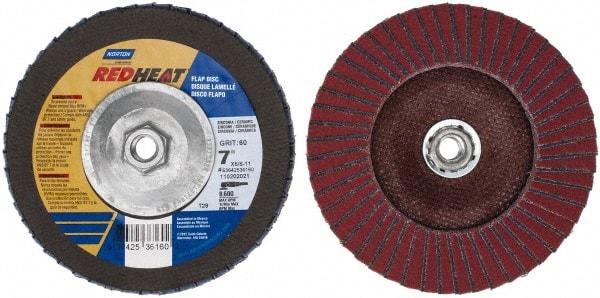 Norton - 60 Grit, 7" Disc Diam, 5/8-11 Center Hole, Type 29 Ceramic Flap Disc - 8,600 Max RPM, Fiberglass Backing, Arbor Attaching System, Coated - Americas Industrial Supply