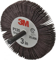 3M - 3" Diam x 1/2" Face Width, Fine Aluminum Oxide Coated Mounted Flap Wheel - 1/4" Shank Mount, 120 Grit, XE Weighted Cloth Backing, 18,000 Max RPM - Americas Industrial Supply