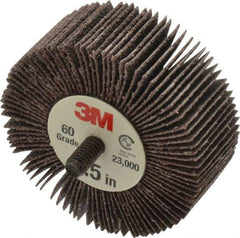 3M - 2-1/2" Diam x 1" Face Width, Medium Aluminum Oxide Coated Mounted Flap Wheel - 1/4-20 Threaded Mount, 60 Grit, XE Weighted Backing, 18,000 Max RPM - Americas Industrial Supply
