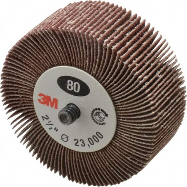 3M - 2-1/2" Diam x 1" Face Width, Medium Aluminum Oxide Coated Mounted Flap Wheel - 1/4-20 Threaded Mount, 80 Grit, XE Weighted Cloth Backing, 20,000 Max RPM - Americas Industrial Supply