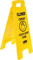 Rubbermaid - Closed, 11" Wide x 25" High, Plastic Floor Sign - English/French/German/Spanish, A-Frame, Black on Yellow, For Restroom, Janitorial & Housekeeping - Americas Industrial Supply