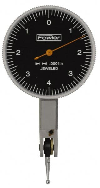 Fowler - 0.008 Inch Range, 0.0001 Inch Dial Graduation, Horizontal Dial Test Indicator - 1-1/2 Inch Black Dial, 0-4-0 Dial Reading - Americas Industrial Supply