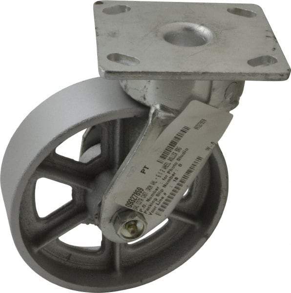 Albion - 6" Diam x 2" Wide x 7-1/2" OAH Top Plate Mount Swivel Caster - Cast Iron, 1,200 Lb Capacity, Roller Bearing, 4 x 4-1/2" Plate - Americas Industrial Supply