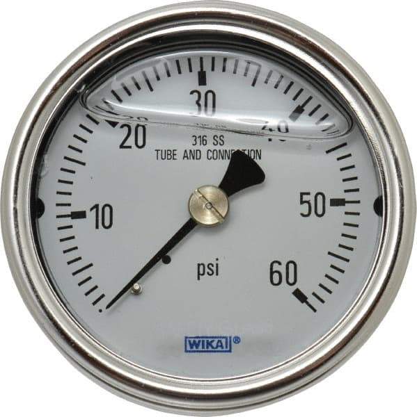Wika - 2-1/2" Dial, 1/4 Thread, 0-60 Scale Range, Pressure Gauge - Center Back Connection Mount, Accurate to 2-1-2% of Scale - Americas Industrial Supply