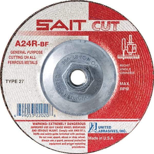 Sait - 24 Grit, 4-1/2" Wheel Diam, 3/32" Wheel Thickness, Type 27 Depressed Center Wheel - Aluminum Oxide, Resinoid Bond, R Hardness, 13,300 Max RPM, Compatible with Angle Grinder - Americas Industrial Supply