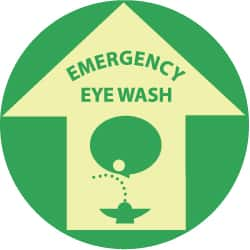 NMC - Emergency Eye Wash, Anti-Skid Polyester Floor Sign - Round, Green on Yellow (Glow), Adhesive Backed, For First Aid - Americas Industrial Supply