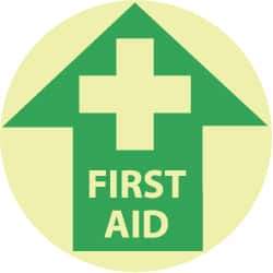 NMC - First Aid, Anti-Skid Polyester Floor Sign - Round, Green on Yellow (Glow), Adhesive Backed, For First Aid - Americas Industrial Supply