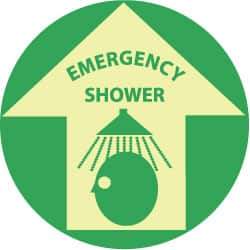 NMC - Emergency Shower, Anti-Skid Polyester Floor Sign - Round, Green on Yellow (Glow), Adhesive Backed, For First Aid - Americas Industrial Supply