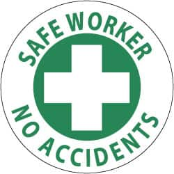 NMC - Safe Worker - No Accidents, Hard Hat Label - Green on White, 2" Thick, For Accident Prevention - Americas Industrial Supply