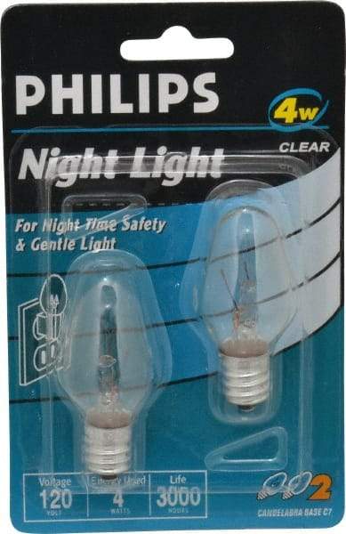 Philips - 4 Watt Incandescent Residential/Office Candelabra Screw Lamp - 2,700°K Color Temp, 16 Lumens, 120 Volts, Dimmable, C7, 3,000 hr Avg Life - Americas Industrial Supply