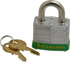 Master Lock - Keyed Alike Retaining Key Conductive Lockout Padlock - 3/4" Shackle Clearance, 9/32" Shackle Diam, 1-1/4" Body Height x 1-9/16" Body Width, Green, 4 Pins - Americas Industrial Supply