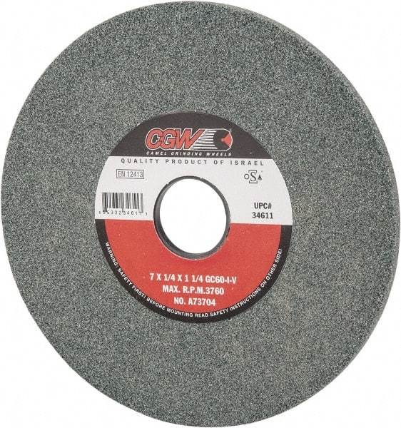 Camel Grinding Wheels - 7" Diam x 1-1/4" Hole x 1/4" Thick, I Hardness, 60 Grit Surface Grinding Wheel - Silicon Carbide, Type 1, Medium Grade, 3,760 Max RPM, Vitrified Bond, No Recess - Americas Industrial Supply
