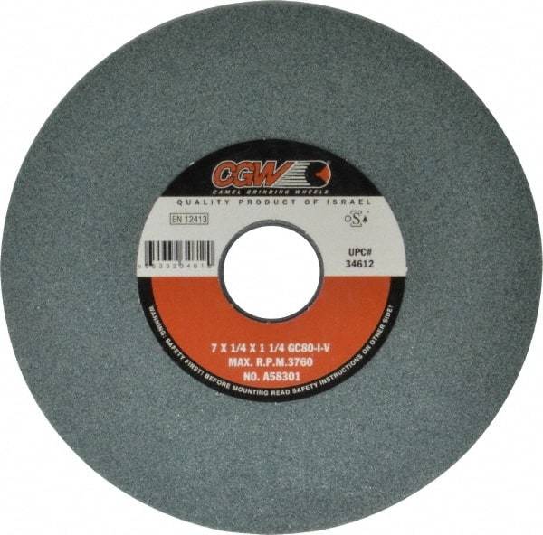 Camel Grinding Wheels - 7" Diam x 1-1/4" Hole x 1/4" Thick, I Hardness, 80 Grit Surface Grinding Wheel - Silicon Carbide, Type 1, Medium Grade, 3,760 Max RPM, Vitrified Bond, No Recess - Americas Industrial Supply