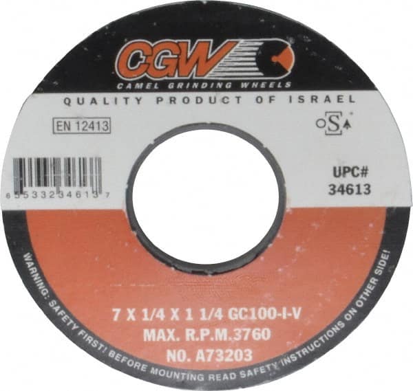 Camel Grinding Wheels - 7" Diam x 1-1/4" Hole x 1/4" Thick, I Hardness, 100 Grit Surface Grinding Wheel - Silicon Carbide, Type 1, Fine Grade, 3,760 Max RPM, Vitrified Bond, No Recess - Americas Industrial Supply