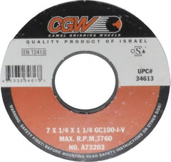 Camel Grinding Wheels - 7" Diam x 1-1/4" Hole x 1/4" Thick, I Hardness, 100 Grit Surface Grinding Wheel - Silicon Carbide, Type 1, Fine Grade, 3,760 Max RPM, Vitrified Bond, No Recess - Americas Industrial Supply