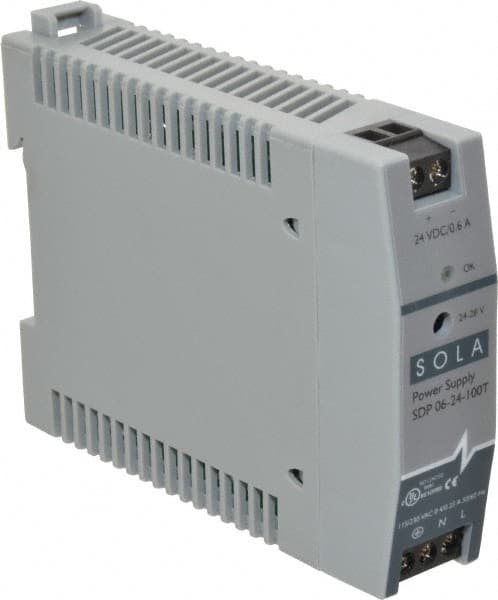 Sola/Hevi-Duty - 100 Watt, 0.60 Amp, 264 VAC, 375 VDC Input, 24 to 28 VDC Output, DIN Rail Power Supply - Screw Terminal Connection, 1 Output, 0.9 Inch Wide x 3.8 Inch Deep x 2.95 Inch High, Up to 80% Efficiency, 14 to 140°F, Green LED Display - Americas Industrial Supply