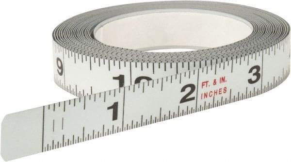 Starrett - 12 Ft. Long x 1/2 Inch Wide, 1/32 and 1/16 Inch Graduation, White, Steel Adhesive Tape Measure - Americas Industrial Supply