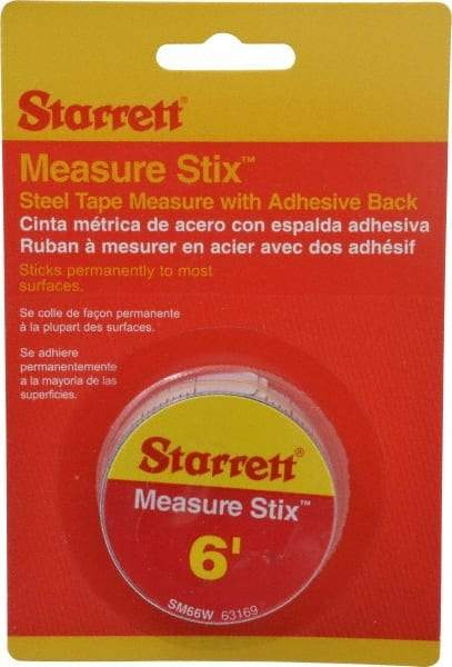 Starrett - 6 Ft. Long x 3/4 Inch Wide, 1/32 and 1/16 Inch Graduation, White, Steel Adhesive Tape Measure - Americas Industrial Supply