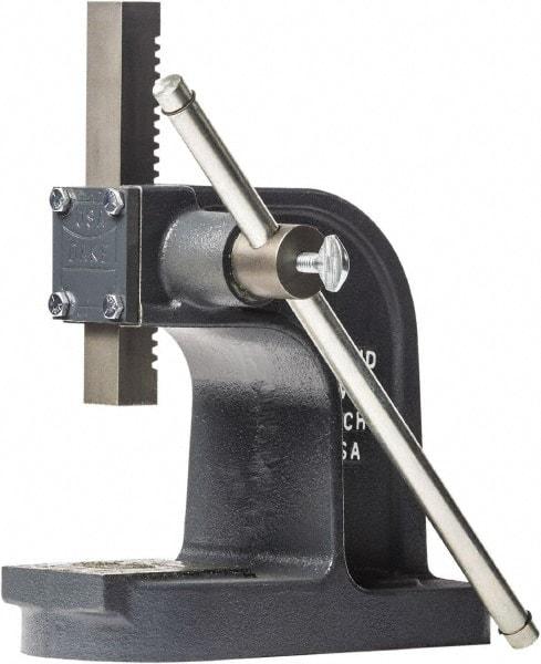 Dake - 1" Ram, 3-1/2" Throat Depth, 1 Ton Manual Arbor Press - 4-1/2" Max Work Height x 7" Max Work Width, Single Leverage, 25:1 Leverage Ratio, 4-1/4" Base Width x 9-1/2" Base Depth - Americas Industrial Supply