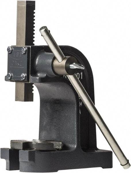 Dake - 1" Ram, 3-1/2" Throat Depth, 1 Ton Manual Arbor Press - 4-1/2" Max Work Height x 7" Max Work Width, Single Leverage, 25:1 Leverage Ratio, 4-1/4" Base Width x 9" Base Depth - Americas Industrial Supply