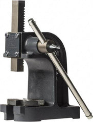 Dake - 1" Ram, 3-1/2" Throat Depth, 1 Ton Manual Arbor Press - 4-1/2" Max Work Height x 7" Max Work Width, Single Leverage, 25:1 Leverage Ratio, 4-1/4" Base Width x 9" Base Depth - Americas Industrial Supply