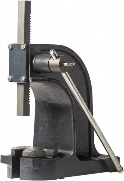 Dake - 1" Ram, 4-1/2" Throat Depth, 1-1/2 Ton Manual Arbor Press - 7-1/8" Max Work Height x 9" Max Work Width, Single Leverage, 32:1 Leverage Ratio, 6" Base Width x 14" Base Depth - Americas Industrial Supply