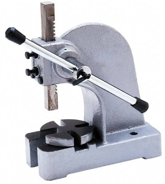 Interstate - 1-3/4" Ram, 6" Throat Depth, 3 Ton Manual Arbor Press - 12-1/2" Max Work Height x 12" Max Work Width, Single Leverage, 8" Base Width x 18" Base Depth - Americas Industrial Supply