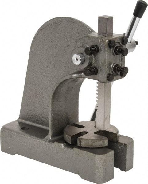 Interstate - 3/4" Ram, 3-1/4" Throat Depth, 1/2 Ton Manual Arbor Press - 4-1/2" Max Work Height x 6-1/2" Max Work Width, Single Leverage, 4" Base Width x 9-1/2" Base Depth - Americas Industrial Supply