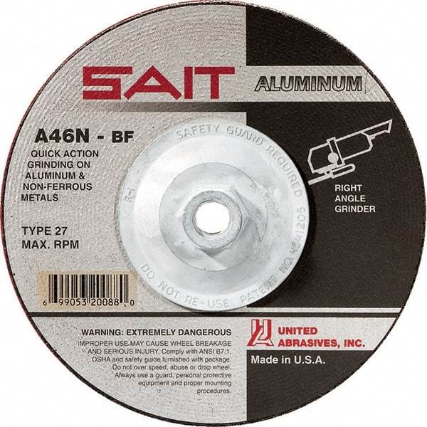 Sait - 46 Grit, 4-1/2" Wheel Diam, 1/4" Wheel Thickness, Type 27 Depressed Center Wheel - Aluminum Oxide, Resinoid Bond, N Hardness, 13,300 Max RPM, Compatible with Angle Grinder - Americas Industrial Supply