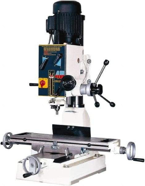 Rong Fu - 3 Phase, 20" Swing, Geared Head Mill Drill Machine - 28-3/4" Table Length x 8-1/4" Table Width, 18-1/8" Longitudinal Travel, 9" Cross Travel, 6 Spindle Speeds, 1 hp, 220 Volts - Americas Industrial Supply