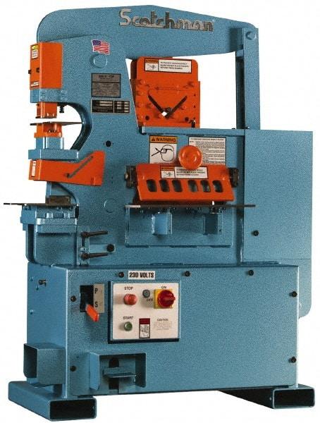 Scotchman - 6" Throat Depth, 50 Ton Punch Pressure, 1-1/4" in 1/2" & 13/16" in 3/4" Punch Capacity Ironworker - 3 hp, 3 Phase, 208/380/575 (Standard), 220 (Optional) & 230/460 (Standard) Volts, 47" Wide x 59" High x 29" Deep - Americas Industrial Supply