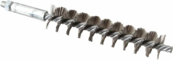 Schaefer Brush - 4" Brush Length, 7/8" Diam, Double Stem, Single Spiral Tube Brush - 6-1/4" Long, Stainless Steel, 1/4-28 Male Connection - Americas Industrial Supply