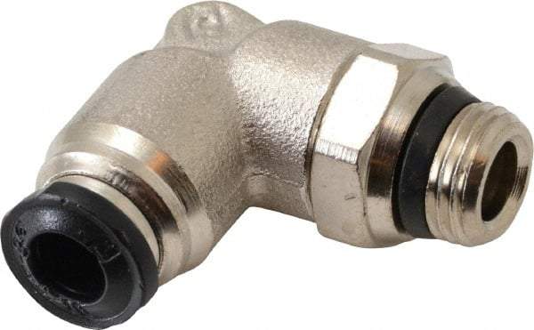 Alpha Technologies - 5mm Outside Diam, 1/8 Universal, Nickel Plated Brass Push-to-Connect Tube Male Swivel Elbow - 250 Max psi, Tube to Universal Thread Connection, Buna O-Ring - Americas Industrial Supply
