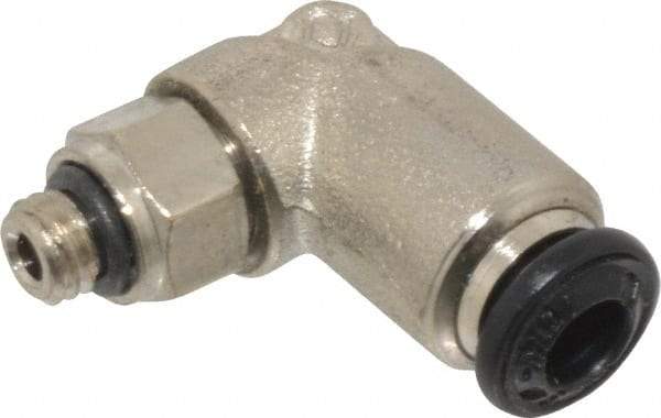 Alpha Technologies - 4mm Outside Diam, M5 Metric, Nickel Plated Brass Push-to-Connect Tube Male Swivel Elbow - 250 Max psi, Tube to Metric Thread Connection, Buna O-Ring - Americas Industrial Supply