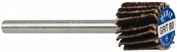 Merit Abrasives - 3/8" Diam x 3/8" Face Width, Medium Aluminum Oxide Coated Mounted Flap Wheel - 1/8" Shank Mount, 80 Grit, Cloth Backing, 40,000 Max RPM - Americas Industrial Supply