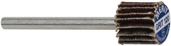 Merit Abrasives - 3/8" Diam x 3/8" Face Width, Fine Aluminum Oxide Coated Mounted Flap Wheel - 1/8" Shank Mount, 120 Grit, Cloth Backing, 40,000 Max RPM - Americas Industrial Supply