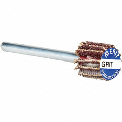 Merit Abrasives - 3/8" Diam x 3/8" Face Width, Very Fine Aluminum Oxide Coated Mounted Flap Wheel - 1/8" Shank Mount, 240 Grit, Cloth Backing, 40,000 Max RPM - Americas Industrial Supply