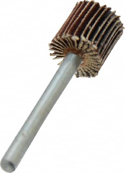Merit Abrasives - 3/8" Diam x 3/8" Face Width, Extra Fine Aluminum Oxide Coated Mounted Flap Wheel - 1/8" Shank Mount, 320 Grit, Cloth Backing, 40,000 Max RPM - Americas Industrial Supply