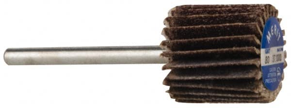 Merit Abrasives - 5/8" Diam x 5/8" Face Width, Medium Aluminum Oxide Coated Mounted Flap Wheel - 1/8" Shank Mount, 80 Grit, Cloth Backing, 37,000 Max RPM - Americas Industrial Supply